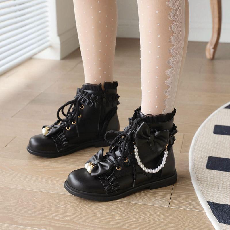 Bow Ruffle Lace Up Short Boots Product Image