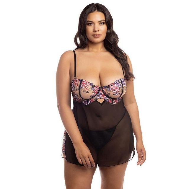 Plus Size Oh La La Cheri Nadia Mesh Babydoll & G-String Set 75-11530X, Womens Product Image