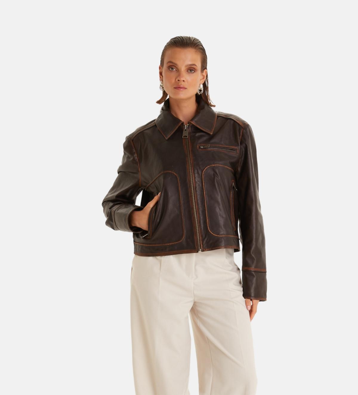 Furniq Uk Womens Brown Leather Jacket Product Image