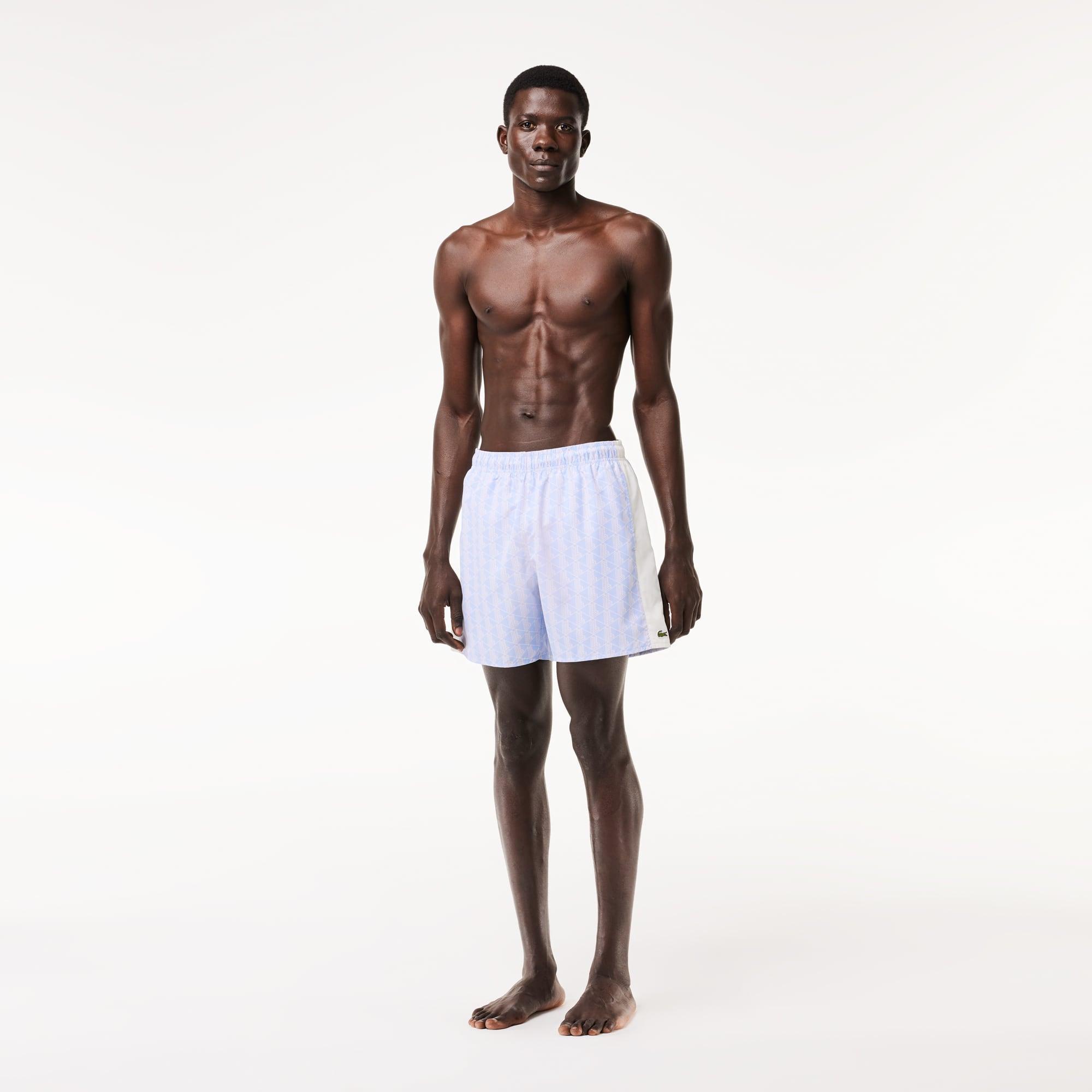 Lacoste Mid Length Monogram Print Swim Trunks Product Image