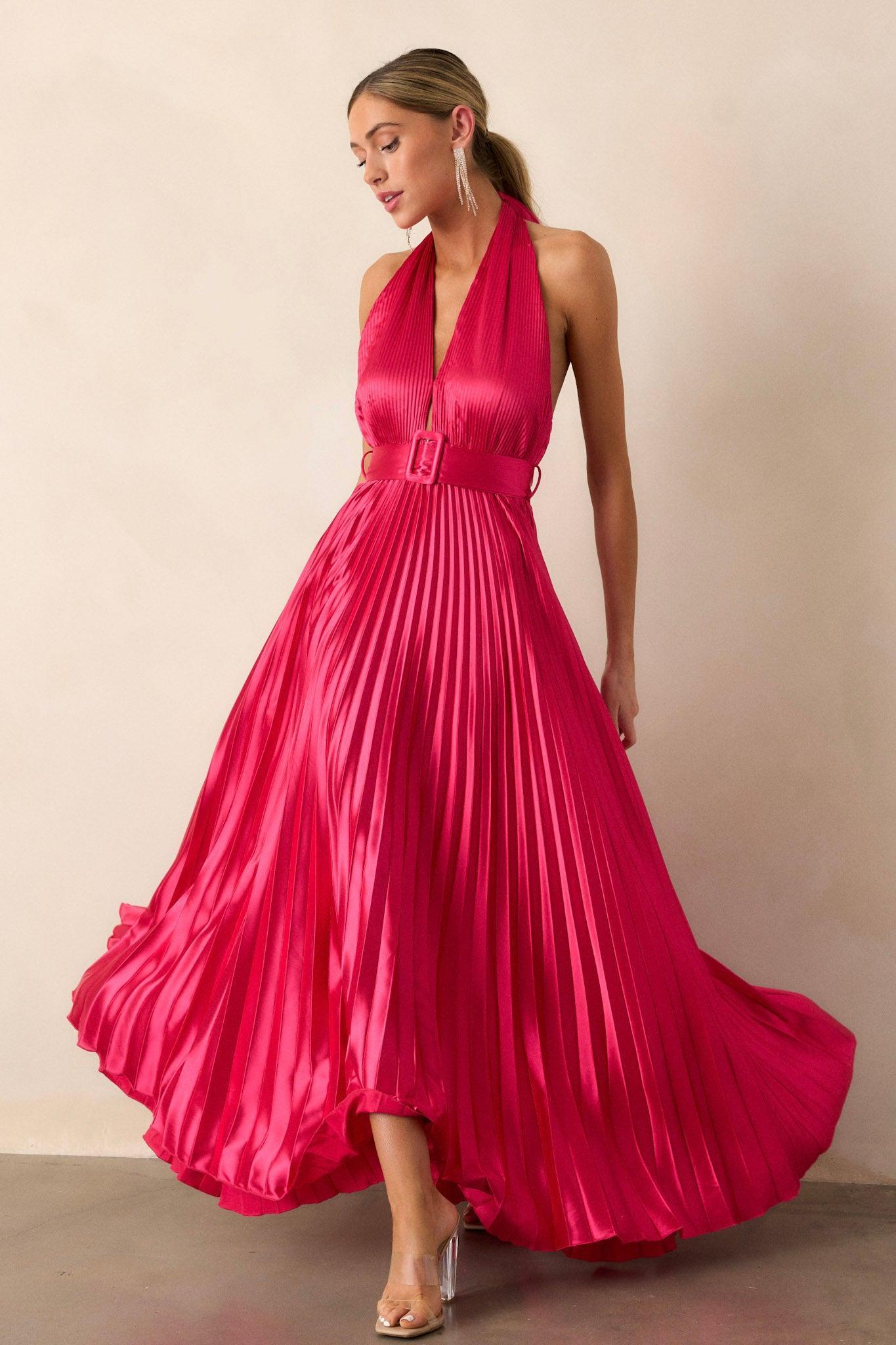 Runaway Icon Magenta Pink Pleated Halter Maxi Dress Product Image