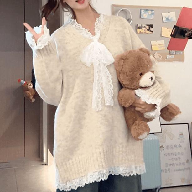 V-Neck Lace Trim Sweater Product Image