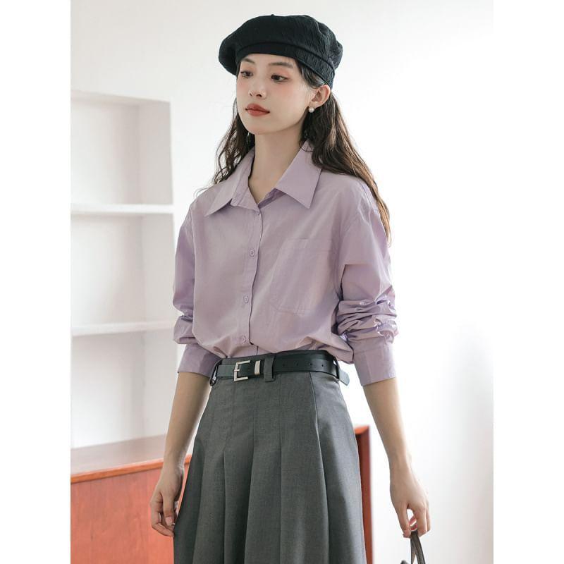 Crew Neck Plain Sweater Vest / Long-Sleeve Button-Up Shirt Product Image