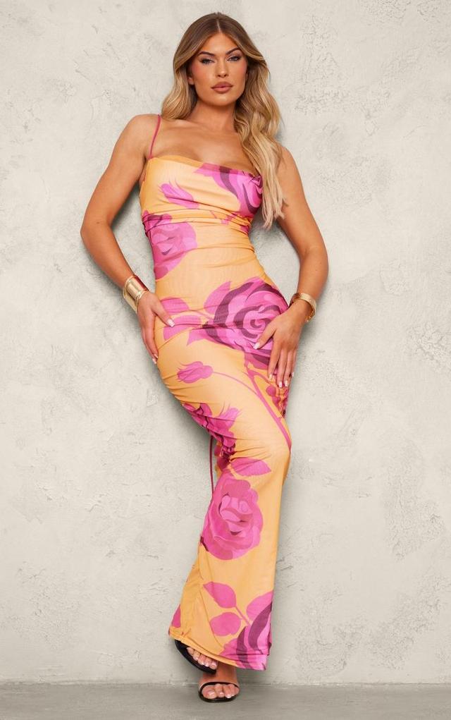 Orange Floral Printed Mesh Cowl Neck Maxi Dress Product Image