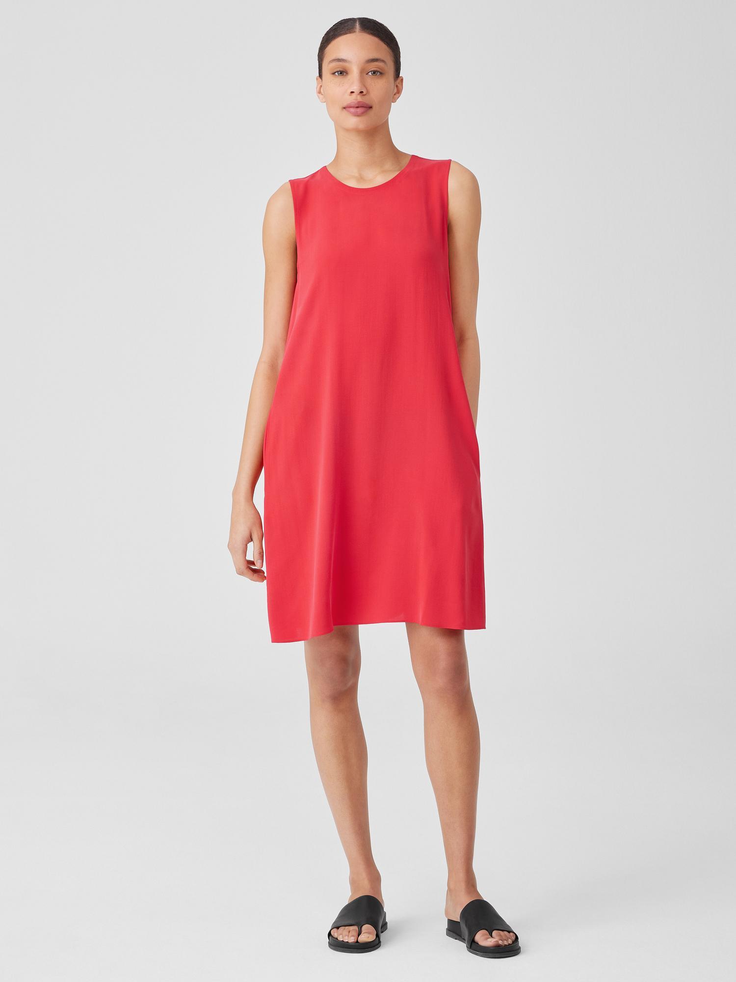 EILEEN FISHER Silk Georgette Crepe Round Neck Dressfemale Product Image