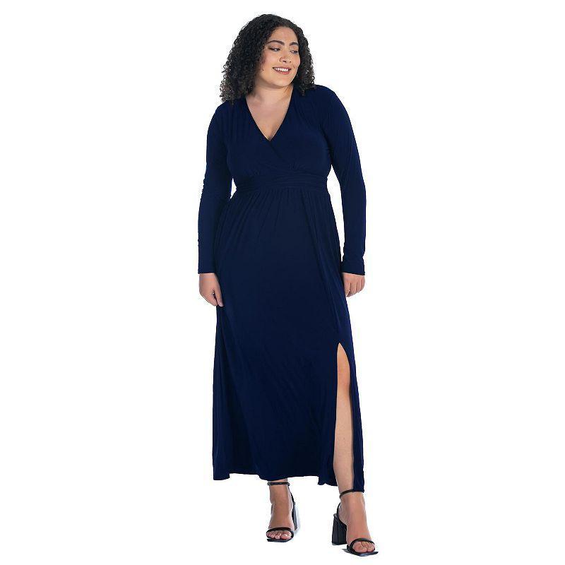 Plus Size 24Seven Comfort Apparel Long Sleeve Side Slit Maxi Dress, Womens Blue Product Image