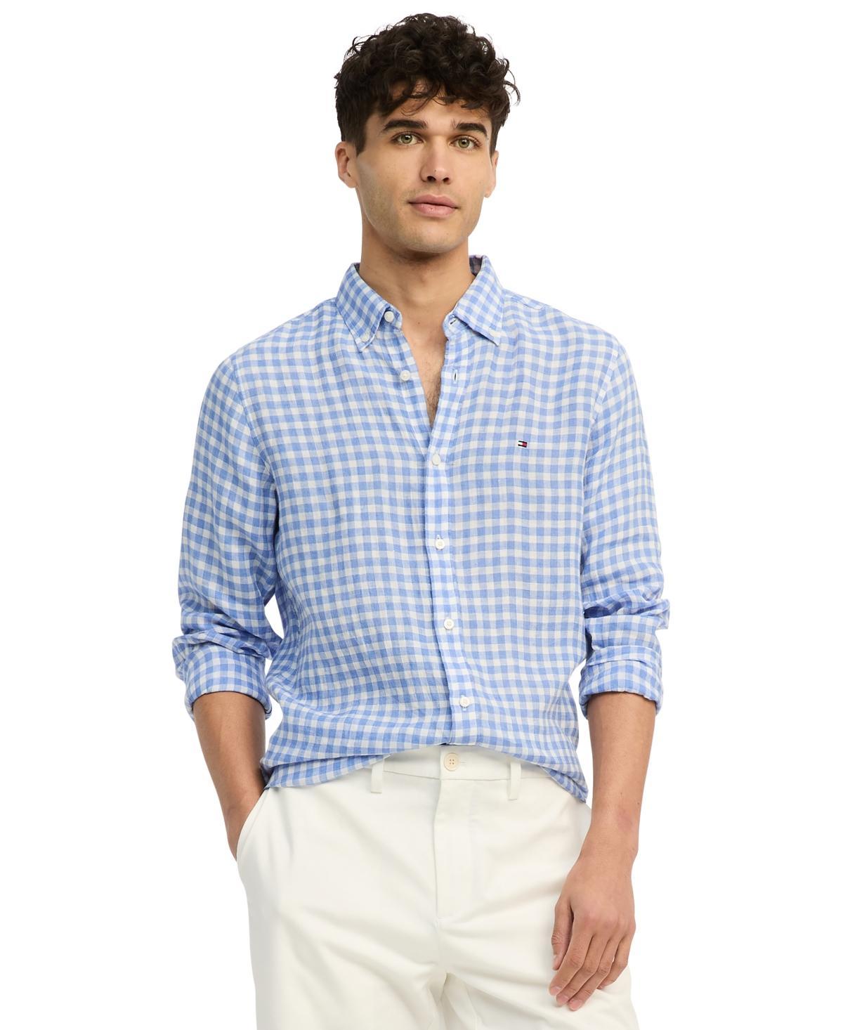 Tommy Hilfiger Mens Slim-Fit Gingham Check Button-Down Linen Shirt - Faded Olive Product Image