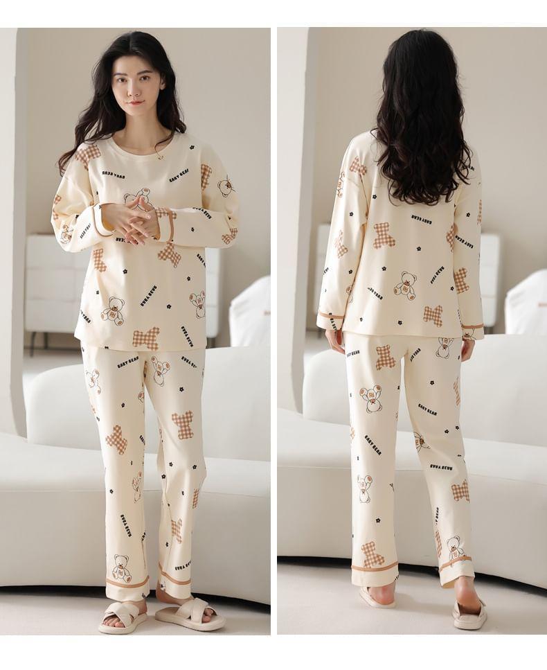 Loungewear Set : Long-Sleeve Bear Print Padded T-Shirt + Pants Product Image