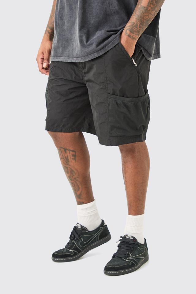 Mens Black Plus Elasticated Waist Mesh Pocket Utility Short, Black Product Image