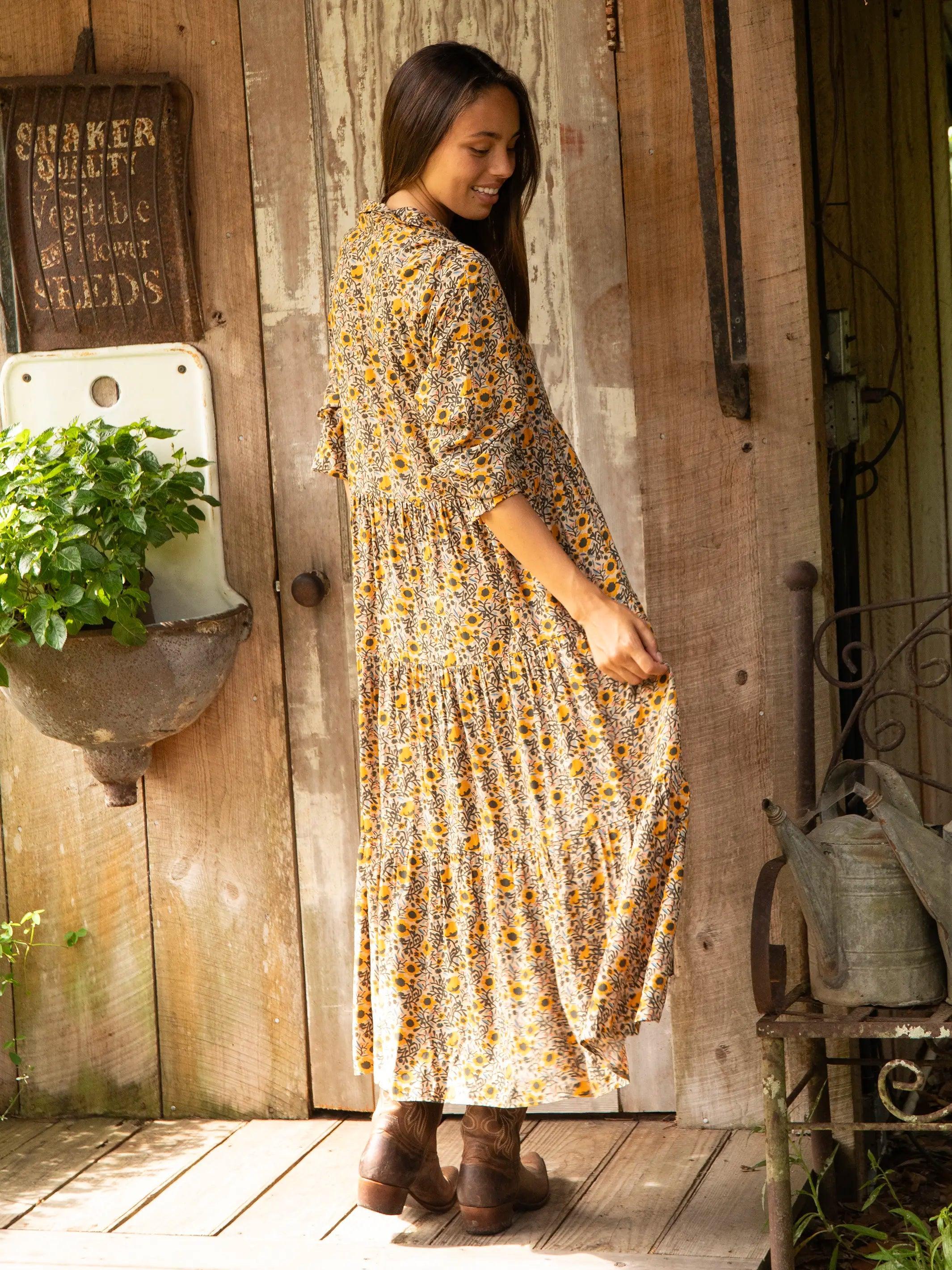 Rebecca Long Sleeve Midi Dress - Cream Yellow Sunflower Product Image