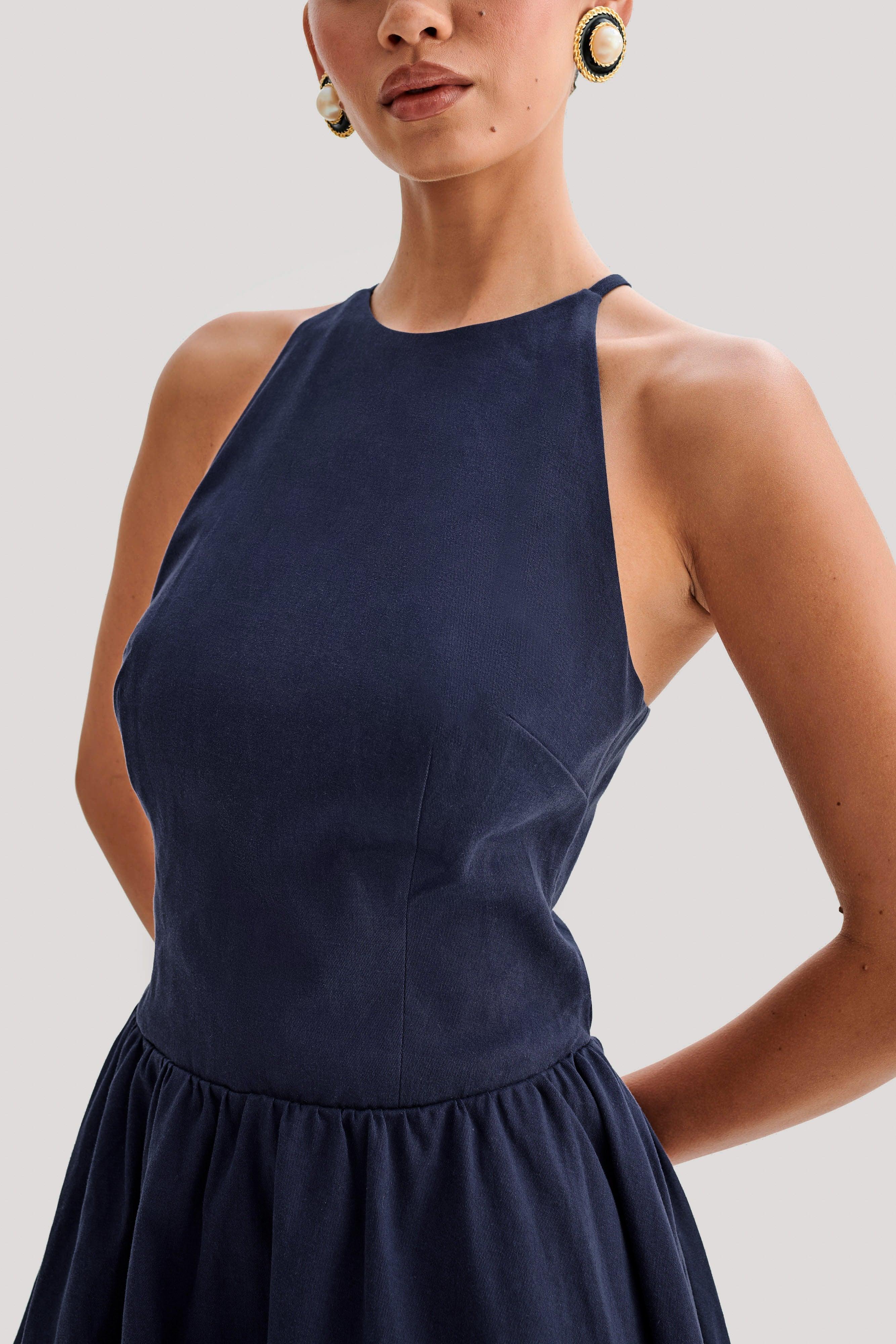 Carolina Cotton Halter Mini Dress - Navy Product Image