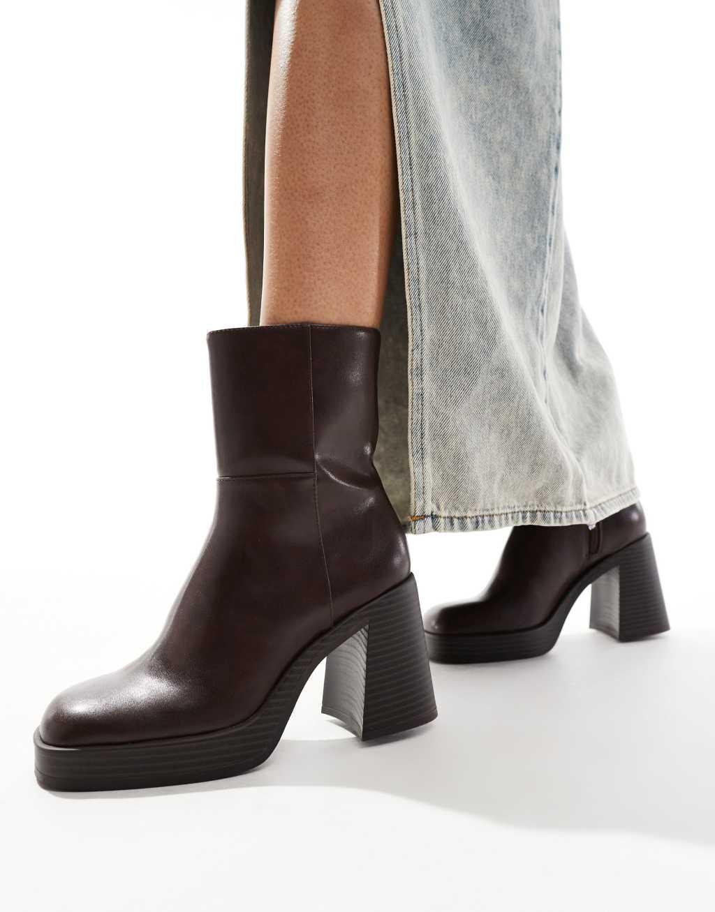 Bershka faux leather heeled boots in dark brown Product Image