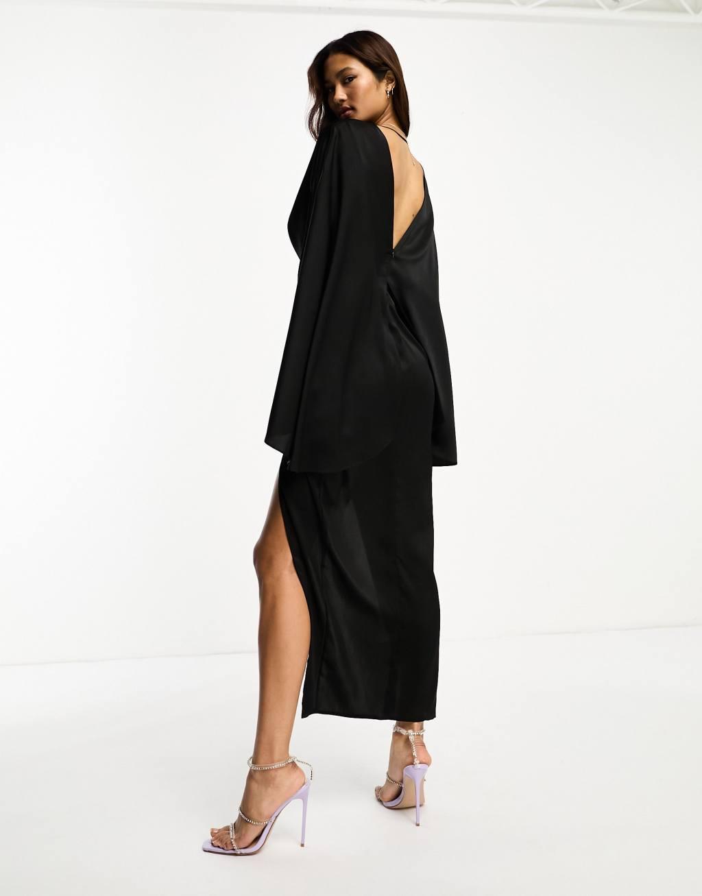 ASOS DESIGN satin batwing pleat midi dress with drape skirt in black Product Image