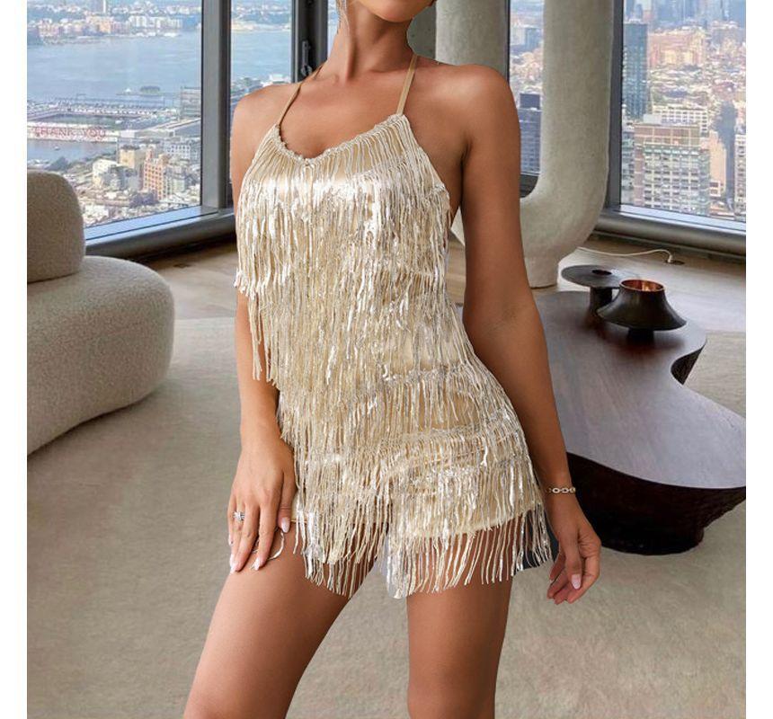 Halter-Neck Fringed Plain Romper Product Image