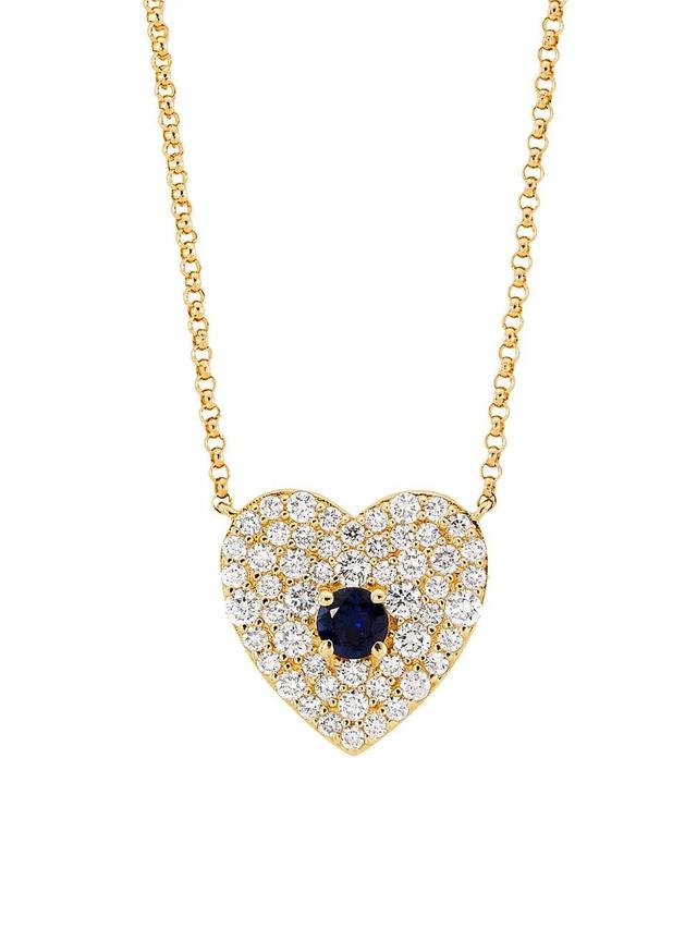 Womens 14K Yellow Gold, 0.5 TCW Diamond & Blue Sapphire Heart Pendant Necklace Product Image