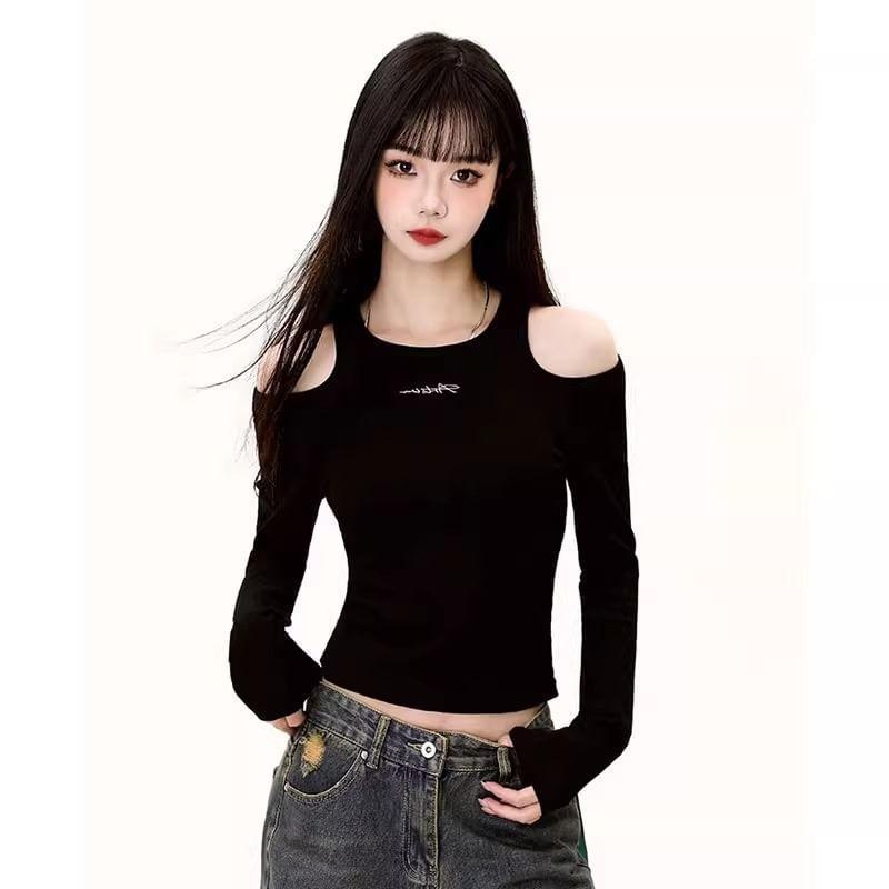 Long-Sleeve Round Neck Cold-Shoulder Lettering Embroidered Crop Slim Fit Tee Product Image