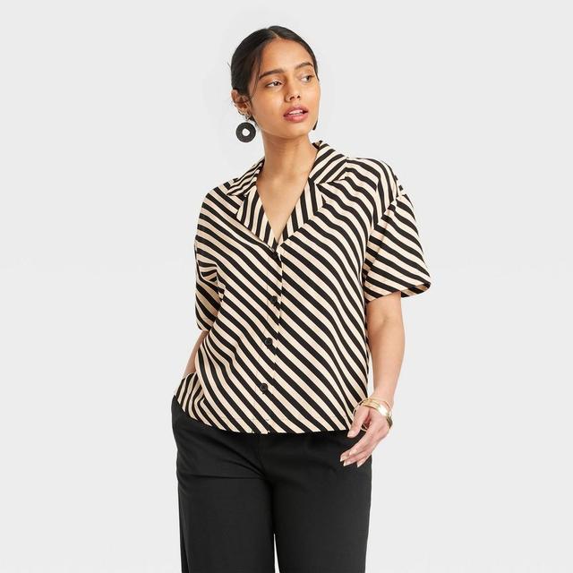 Womens Crepe Short Sleeve Button-Down Shirt - A New Day Black/Tan Striped Product Image