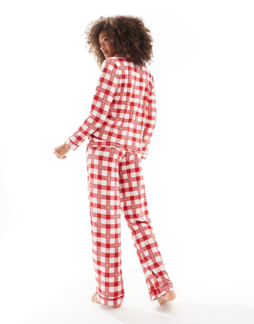 Chelsea Peers Exclusive Christmas plaid and snowflake print long sleeve top and pants pajama set in burgundy Product Image