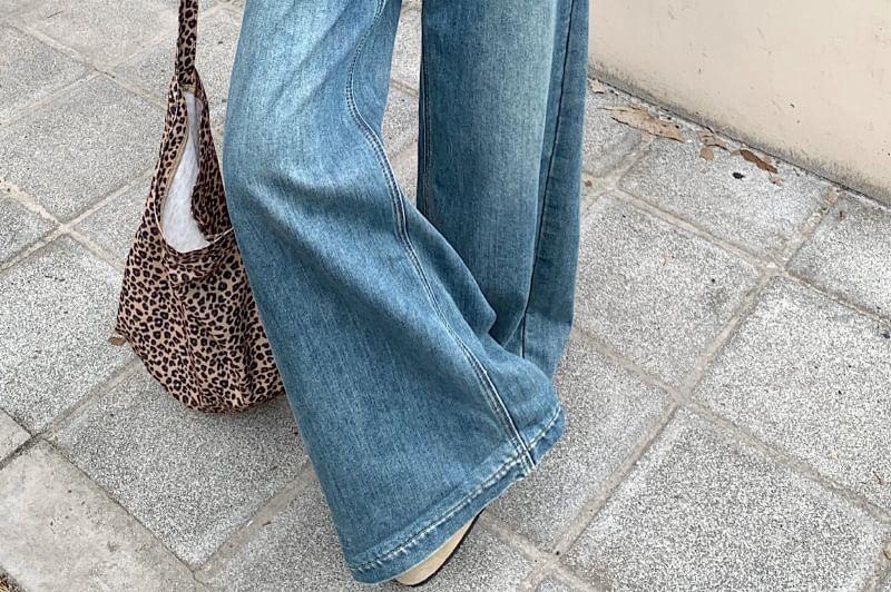 High Waist Leopard Print Panel Fleece-Lined Washed Wide Leg Jeans Product Image