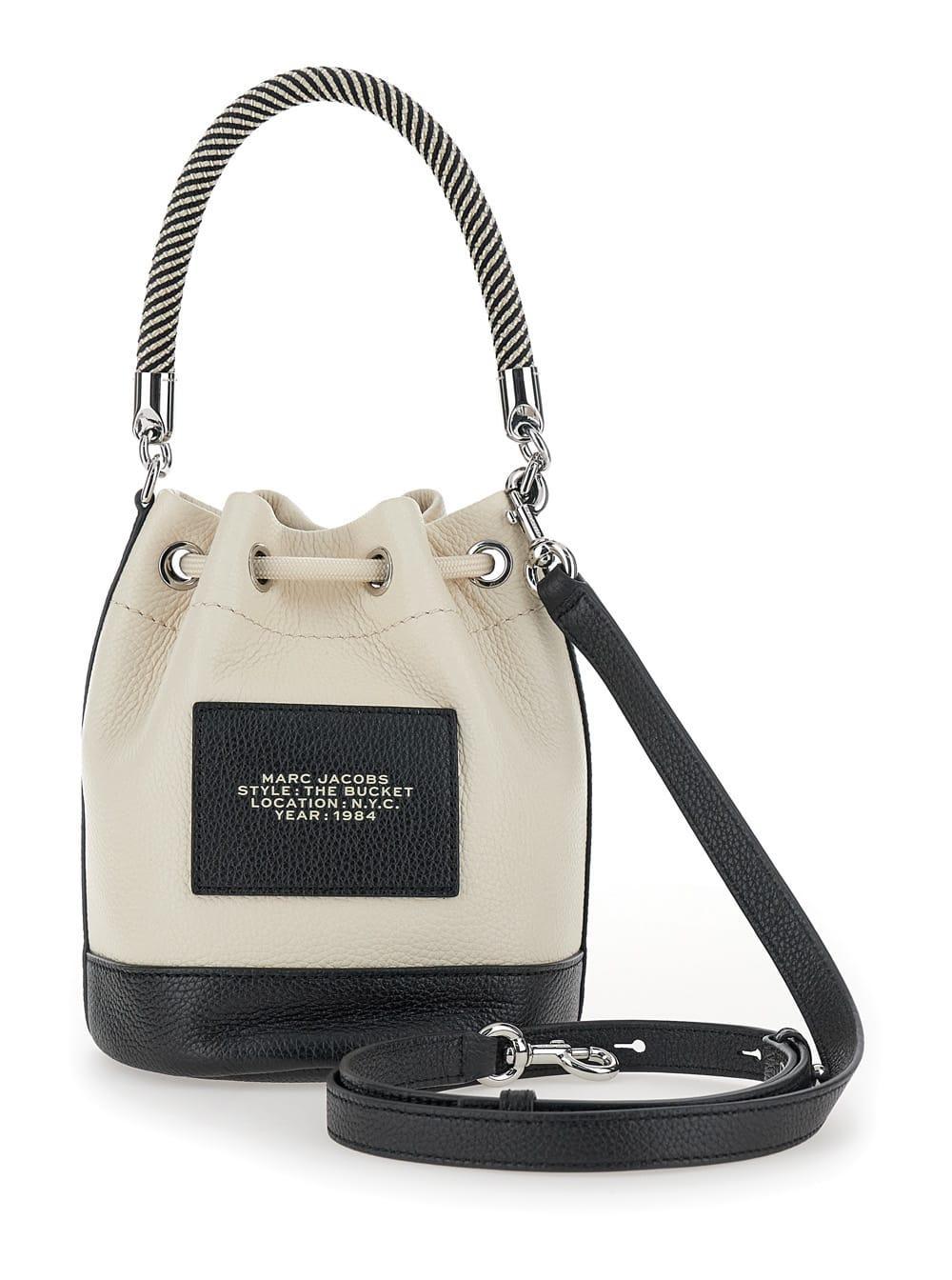 MARC JACOBS The Leather Bucket White And Black Handbag With Drawstring And Front Logo In Hammered Leather Woman Product Image