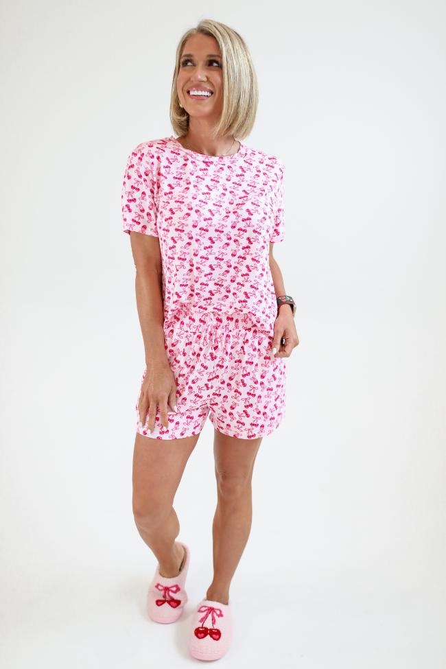 Over the Moon Cherry Hearts Pajama Top Kalee Rogers x Pink Lily Product Image