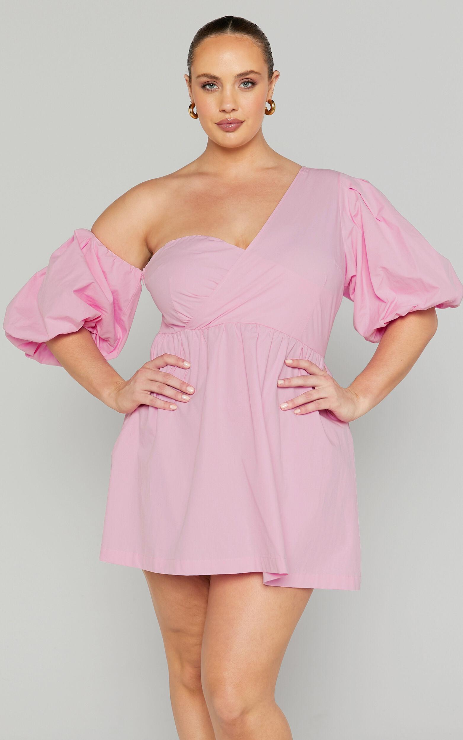 Sula Mini Dress - Asymmetric Off One Shoulder Puff Sleeve Dress in Pink Product Image