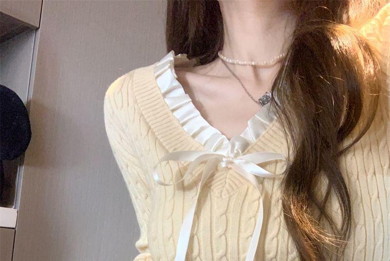 Long-Sleeve V-Neck Bow Accent Frill Trim Cable Knit Top Product Image