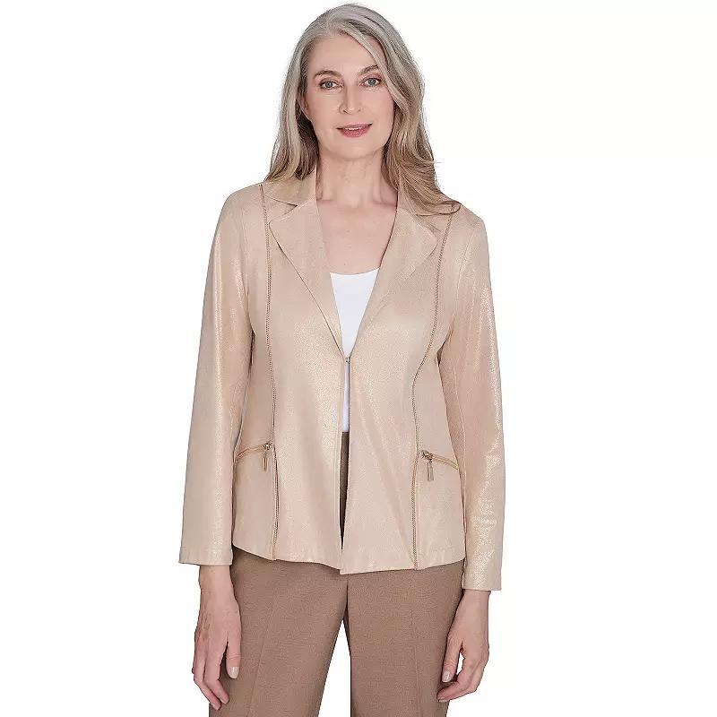 Petite Alfred Dunner Shimmer Open-Front Faux Leather Jacket, Womens Beige Product Image