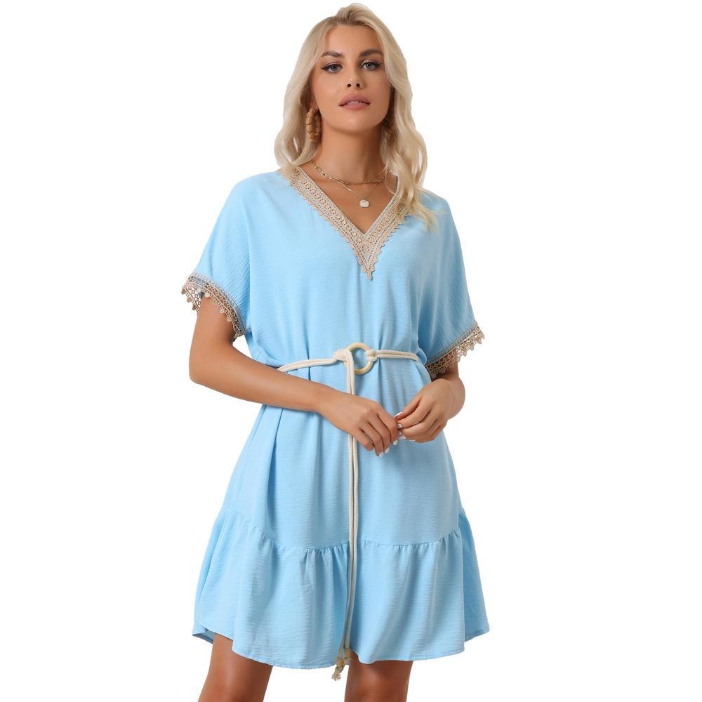 Allegra K Women's Summer Casual V-Neck Lace Short Sleeve Tie Waist Dress Light Blue Large Product Image