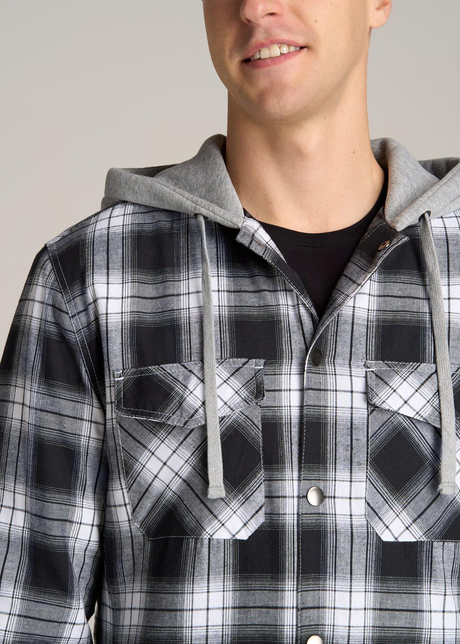 Hooded Flannel Shirt Jacket for Tall Men in Black & White Plaid Male Product Image