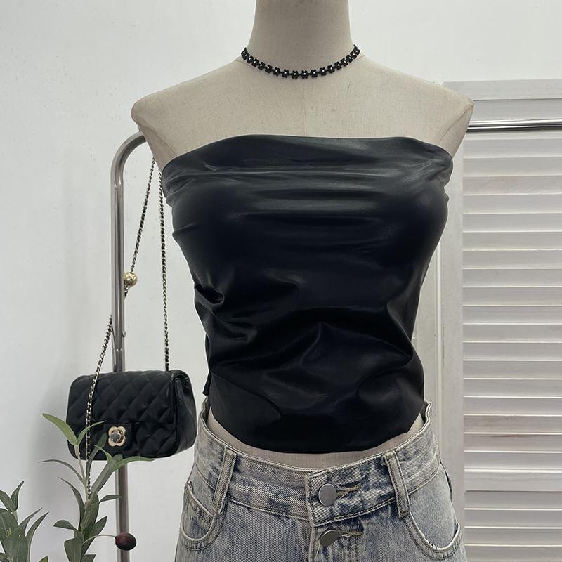 Strapless Faux Leather Plain Ruched Crop Top Product Image