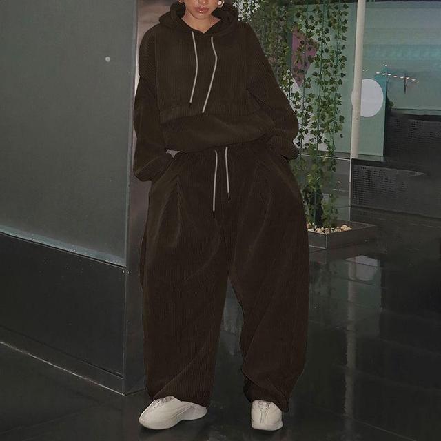 Set: Drawstring Plain Oversized Hoodie + Mid Waist Plain Wide Leg Pants Product Image