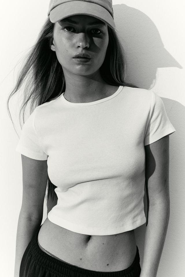 H & M - Ribbed Crop Top - White Product Image