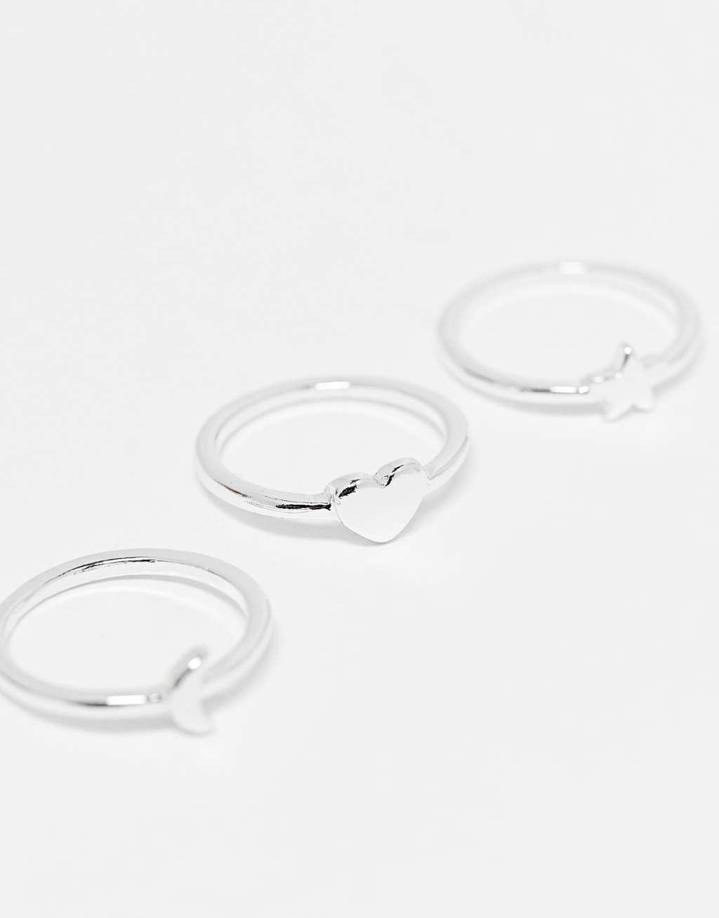 Monki 3 pack rings star, moon and heart in silver Product Image