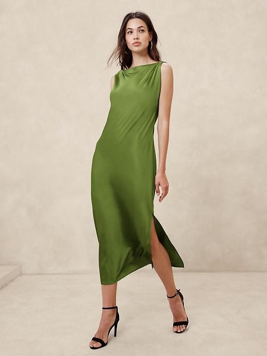 Satin Twist-Shoulder Maxi Dress Product Image