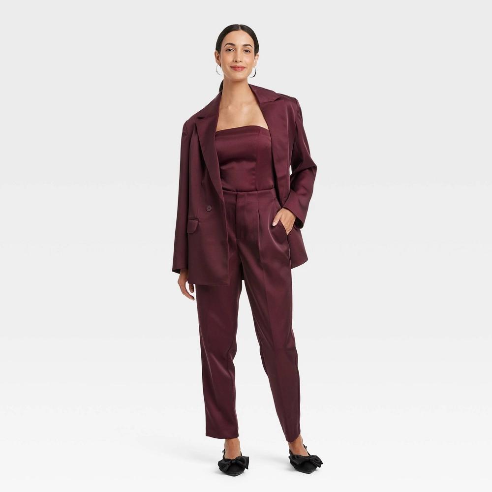 Women's Super-High Rise Tapered Ankle Tailored Satin Trousers - A New Day™ Burgundy 2 Product Image