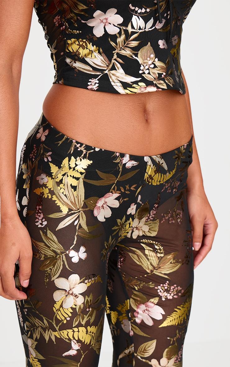 Black Floral Foil Printed Mesh Flare Pants Product Image