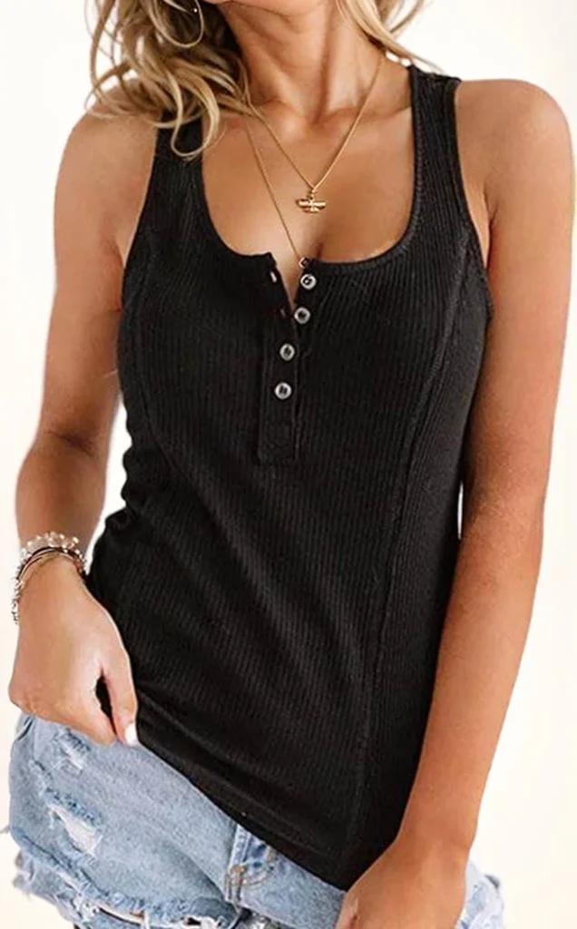 Olivia Mark –  Sophisticated Sleeveless Solid Color Buttoned Vest T-Shirt Product Image