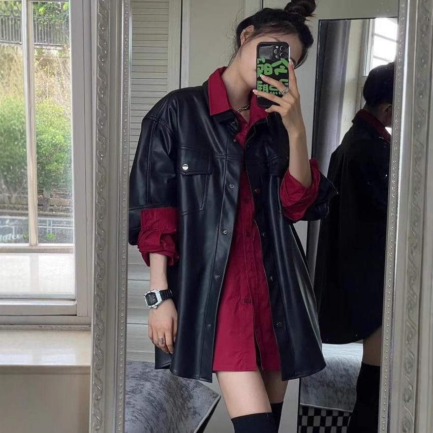 Long-Sleeve Plain Oversized Shirt Product Image