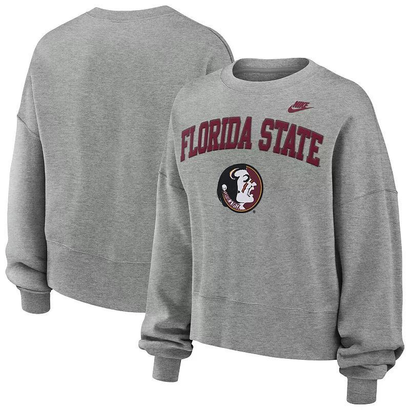 Womens Nike Heather Gray Florida State Seminoles Legacy Fleece Classic Arch Oversized Cropped Tackle Twill Sweatshirt Product Image