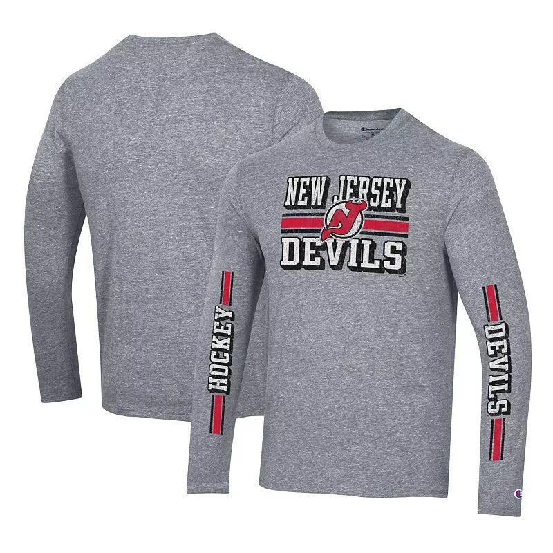 Mens Champion Heather Gray New Jersey Devils Tri-Blend Dual-Stripe Long Sleeve T-Shirt Product Image