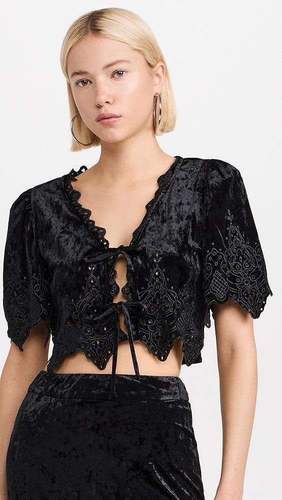 Moon River Short Puff Sleeve Eyelet Detail Velvet Top | Shopbop Product Image