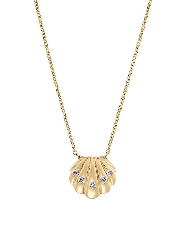 Womens 14K Yellow Gold & 0.10 TCW Diamond Clam Shell Pendant Necklace Product Image