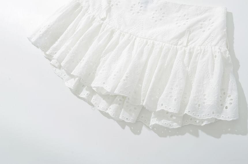 High Waist Plain Eyelet Lace Mini A-Line Skirt Product Image