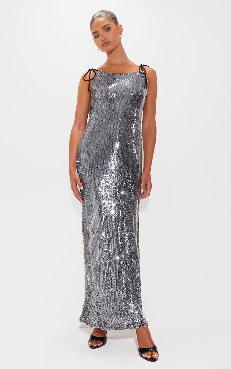 Grey Sequin Super Low Maxi Dress Product Image