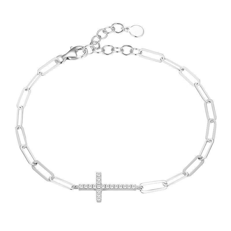 Sterling Silver Cubic Zirconia Paper Clip Chain Cross Bracelet, Womens Product Image