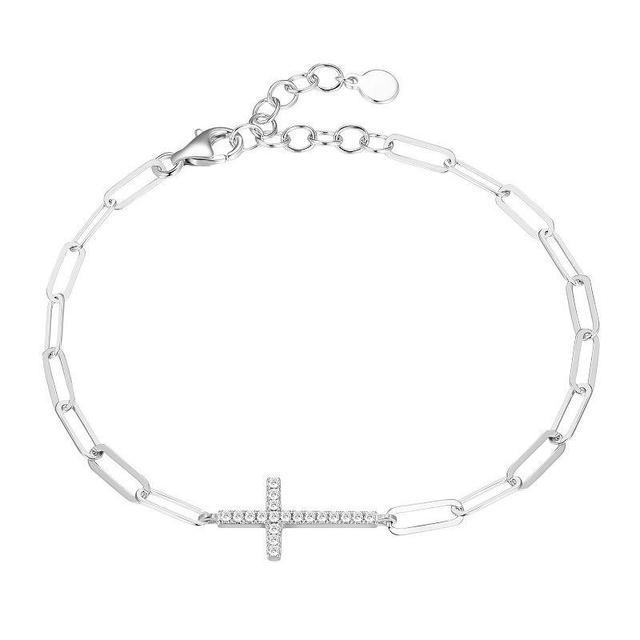 Sterling Silver Cubic Zirconia Paper Clip Chain Cross Bracelet, Womens Product Image