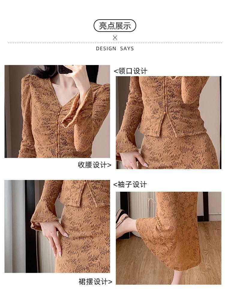 Set: Long-Sleeve V-Neck Button-Up Lace Top + High Waist Midi A-Line Lace Skirt Product Image