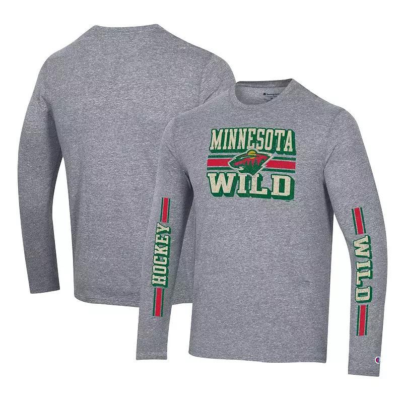 Mens Champion Heather Gray Minnesota Wild Tri-Blend Dual-Stripe Long Sleeve T-Shirt Product Image