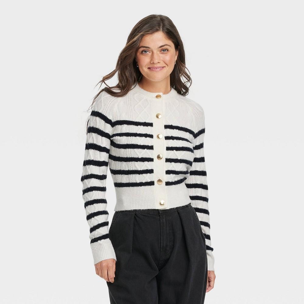 Womens Cashmere-Like Cable Stitch Cardigan - Universal Thread Navy/White Striped product image